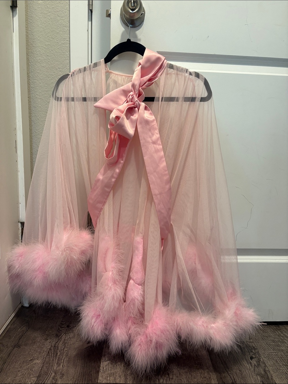 Sheer Pink Feather-Trim Robe with Bow Tie